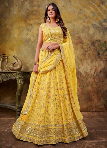 Yellow Georgette Embroidered A Line Lehenga Choli for Engagement