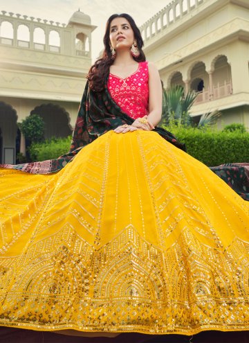 Yellow Georgette Embroidered A Line Lehenga Choli for Reception