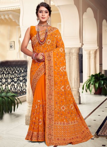 Yellow Georgette Embroidered Designer Saree for Festival
