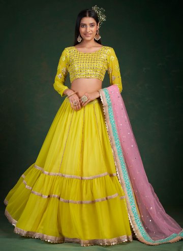 Yellow Georgette Sequins Work A Line Lehenga Choli for Reception