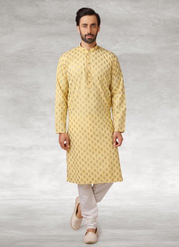 Yellow Handloom Cotton Printed Kurta Pyjama for Engagement