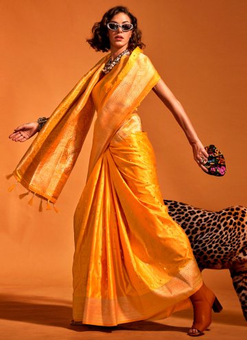 Yellow Handloom Silk Woven Trendy Saree