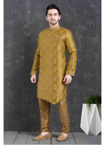Yellow Indo Western in Jacquard Silk with Print