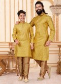 Yellow Jacquard Silk Booti Work Kurta Pyjama - 1