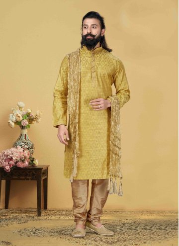 Yellow Jacquard Silk Embroidered Kurta Pyjama for 