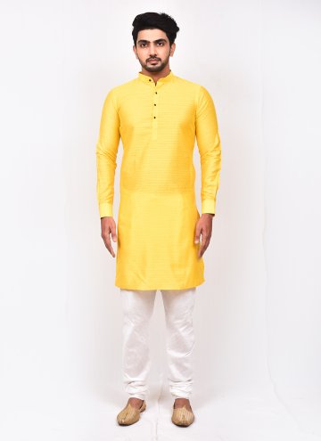 Yellow Jacquard Silk Fancy work Kurta Pyjama for H