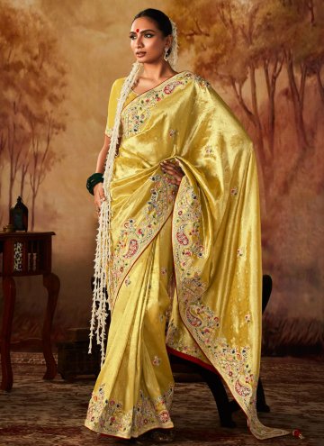 Yellow Kanjivaram Silk Embroidered Classic Designer Saree for Ceremonial