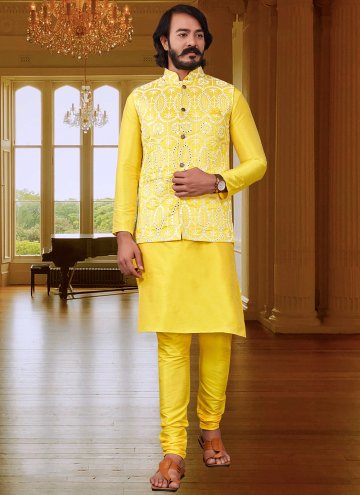 Yellow Kurta Payjama With Jacket in Art Silk with Mirror Work