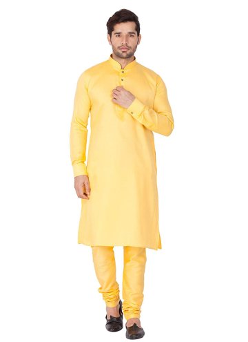 Yellow Kurta Pyjama in Art Dupion Silk with Plain 