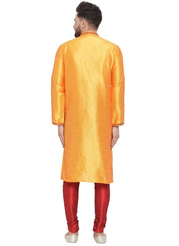 Yellow Kurta Pyjama in Art Silk with Embroidered