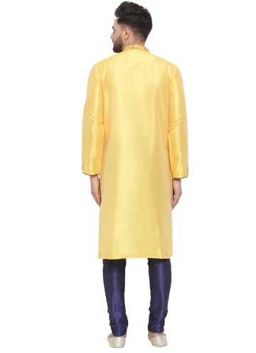 Yellow Kurta Pyjama in Art Silk with Embroidered