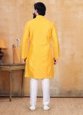 Yellow Kurta Pyjama in Jacquard with Plain Work - 1