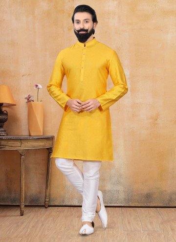 Yellow Kurta Pyjama in Jacquard with Plain Work