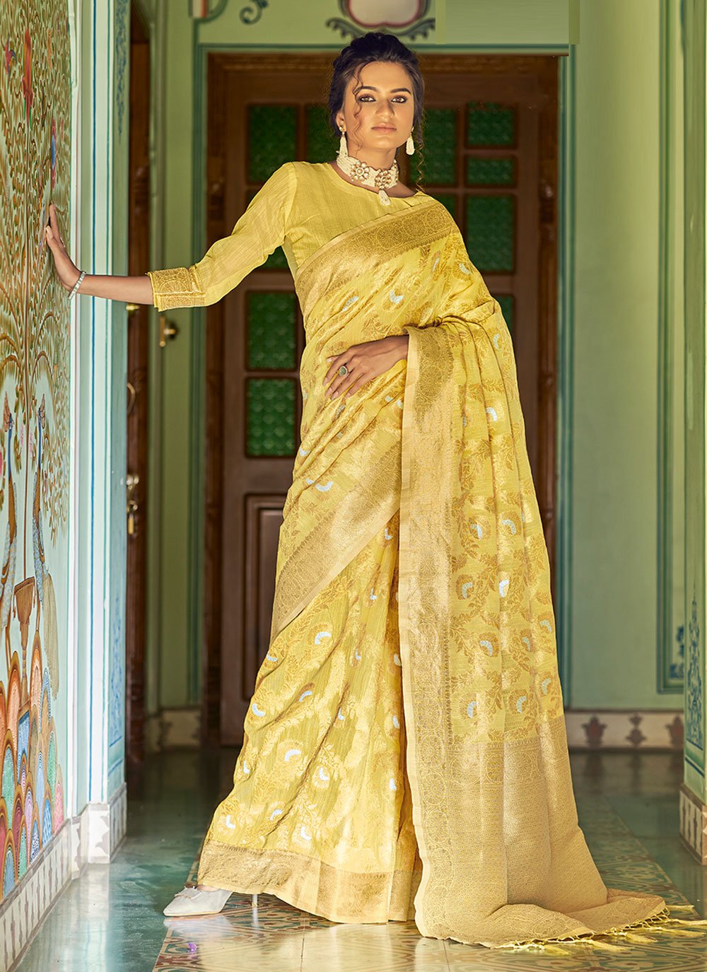 Yellow Linen Woven Classic Designer Saree for Wedding