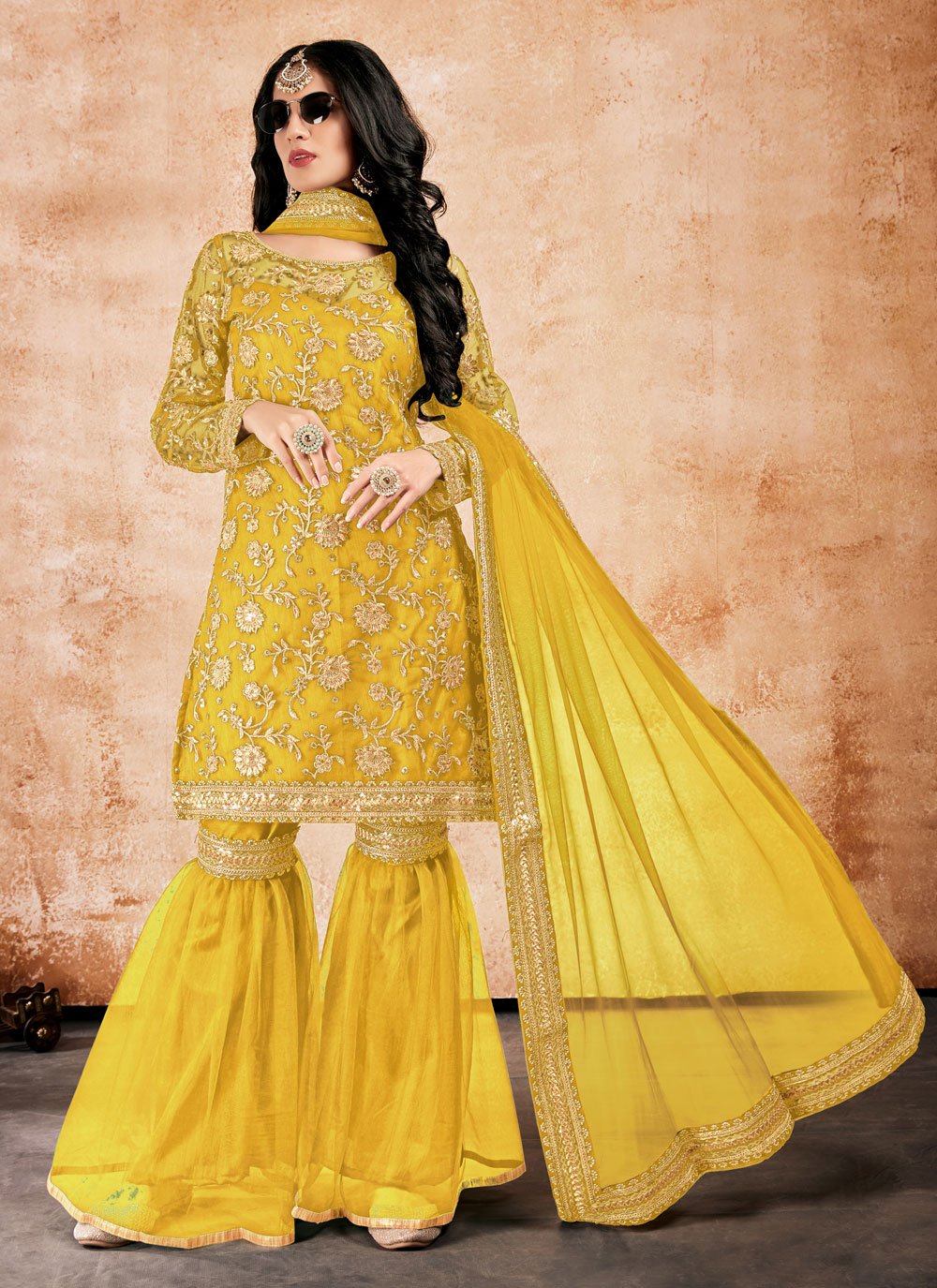 Yellow Net Embroidered Designer Suit