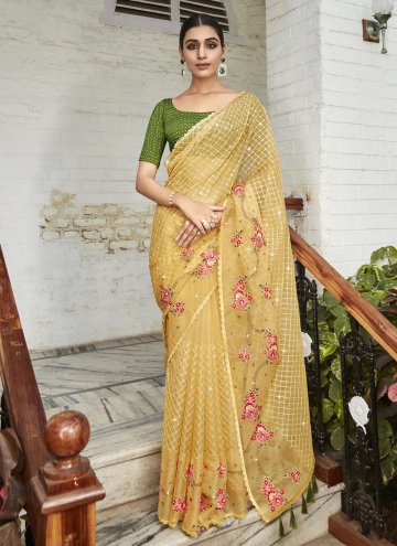 Yellow Organza Embroidered Contemporary Saree for Ceremonial