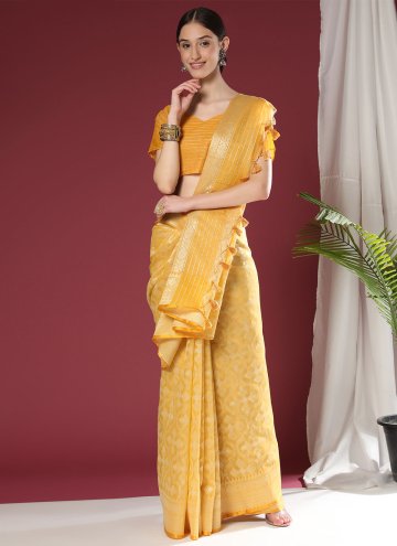 Yellow Organza Woven Trendy Saree for Party