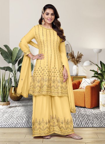 Yellow Palazzo Suit in Chiffon with Embroidered