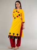Yellow Pant Style Suit in Rayon with Patchwork - 2