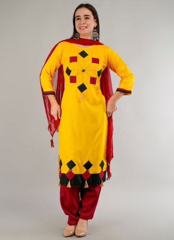 Yellow Pant Style Suit in Rayon with Patchwork