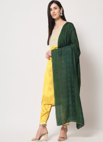 Yellow Pant Style Suit in Silk with Embroidered