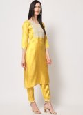 Yellow Pant Style Suit in Silk with Embroidered - 3