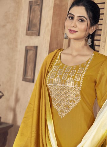 Yellow Pant Style Suit in Viscose with Embroidered