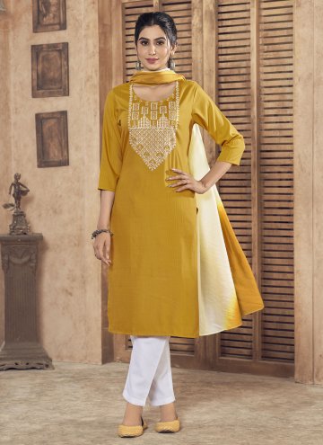 Yellow Pant Style Suit in Viscose with Embroidered