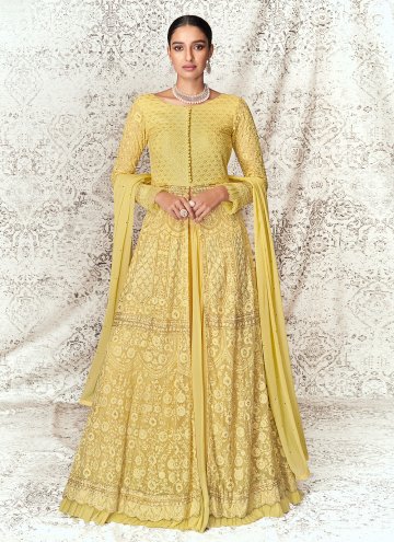 Yellow Pure Georgette Embroidered A Line Lehenga C