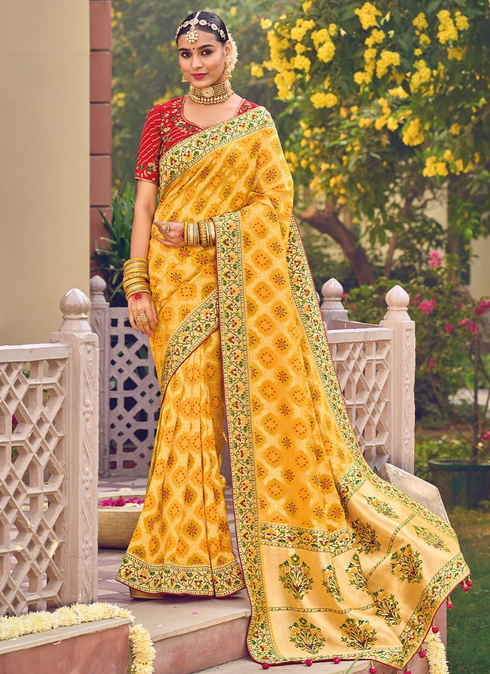 Yellow Pure Georgette Embroidered Classic Designer Saree for Reception