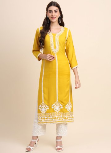 Yellow Rayon Embroidered Party Wear Kurti for Festival