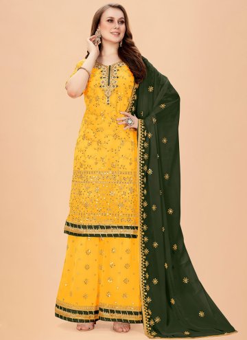 Yellow Salwar Suit in Faux Georgette with Embroide