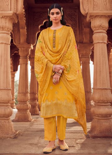 Yellow Salwar Suit in Jacquard with Embroidered
