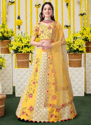 Yellow Satin Silk Embroidered Lehenga Choli