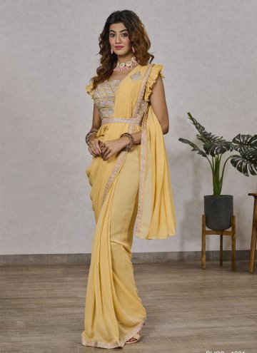 Yellow Shimmer Georgette Embroidered Trendy Saree for Ceremonial