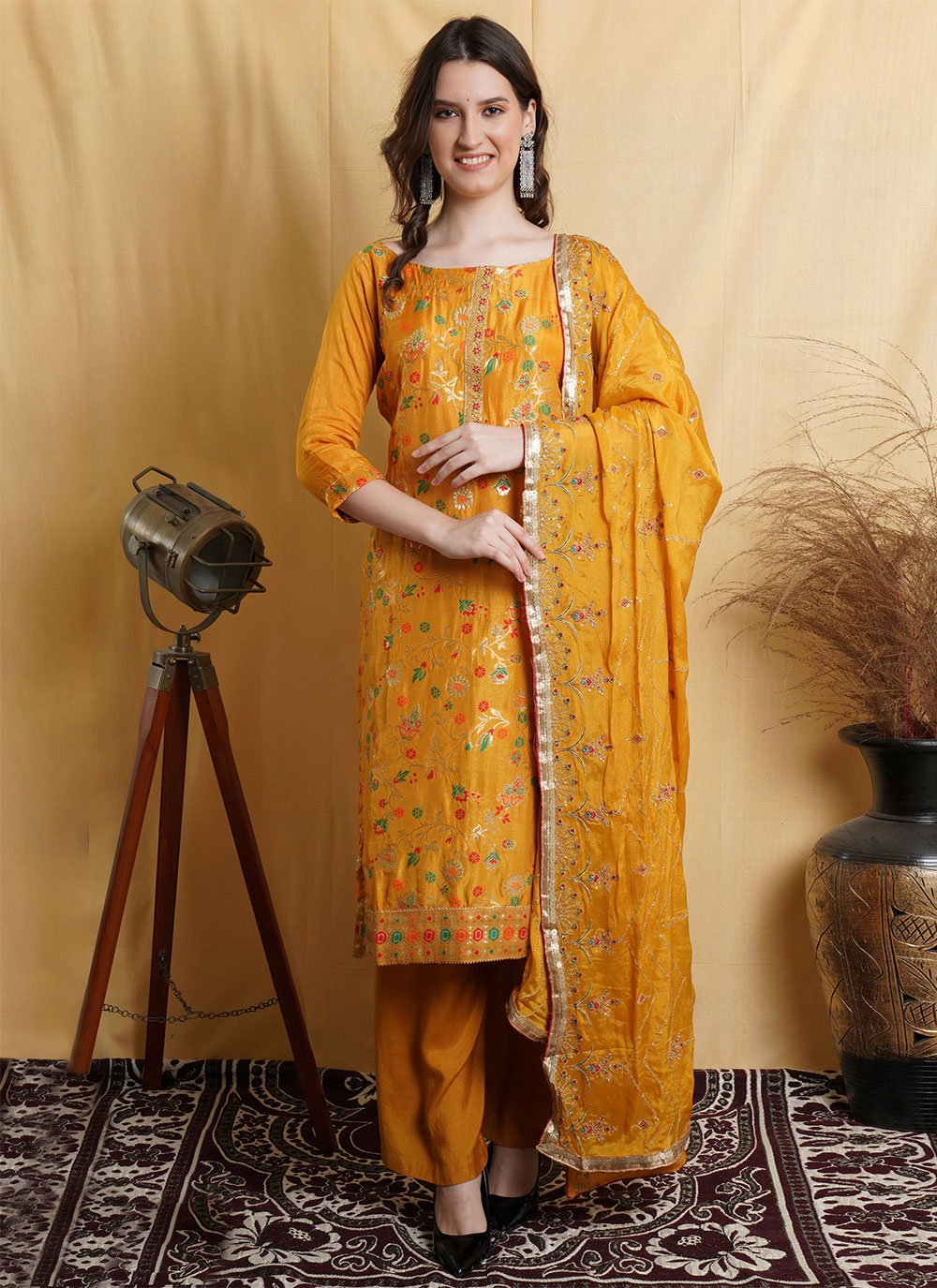 Yellow Silk Blend Resham Work Trendy Salwar Kameez for Party