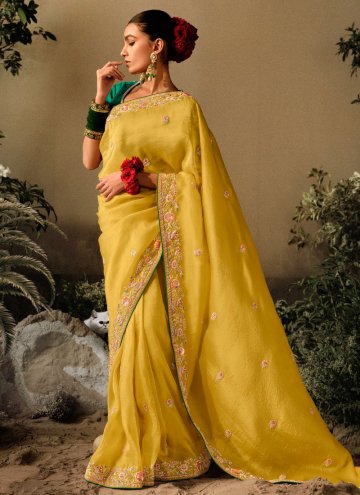 Yellow Silk Embroidered Contemporary Saree