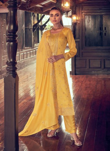 Yellow Silk Embroidered Salwar Suit