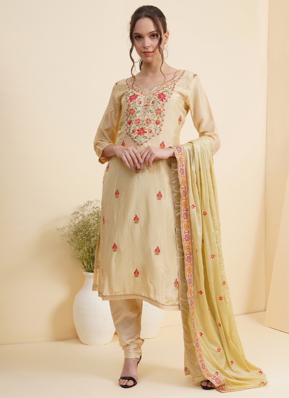 Yellow Silk Embroidered Salwar Suit for Casual