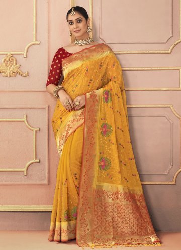 Yellow Silk Embroidered Trendy Saree for Ceremonial