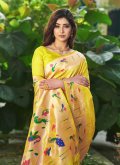 Yellow Traditional Saree in Silk with Floral Print - 1
