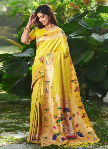 Yellow Traditional Saree in Silk with Floral Print