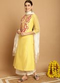 Yellow Trendy Salwar Kameez in Chanderi with Embroidered - 1