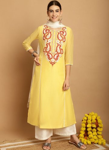 Yellow Trendy Salwar Kameez in Chanderi with Embro