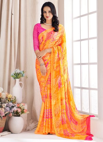 Yellow Trendy Saree in Chiffon with Printed