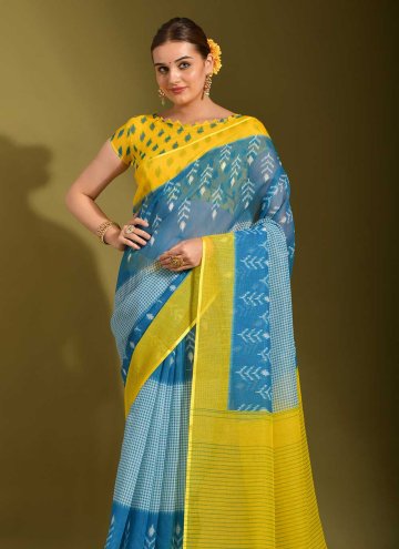 Yellow Trendy Saree in Linen with Digital Print