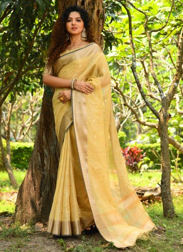 Yellow Trendy Saree in Linen with Woven