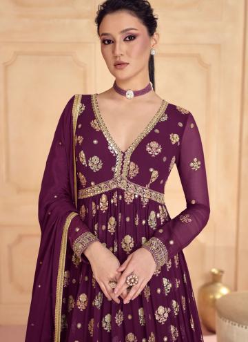 Adorable Embroidered Georgette Purple Designer Gown