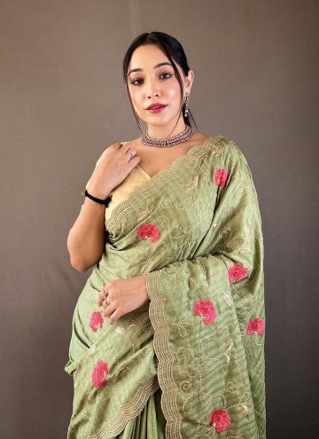 Adorable Embroidered Tussar Silk Green Designer Tr