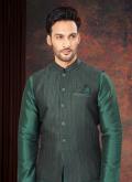 Adorable Green Jacquard Embroidered Kurta Payjama With Jacket for Engagement - 1